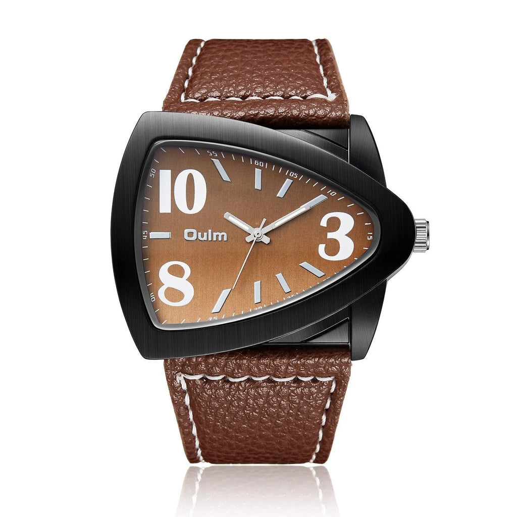 Men's brown casual quartz watch with triangle belt strap and 9mm case.