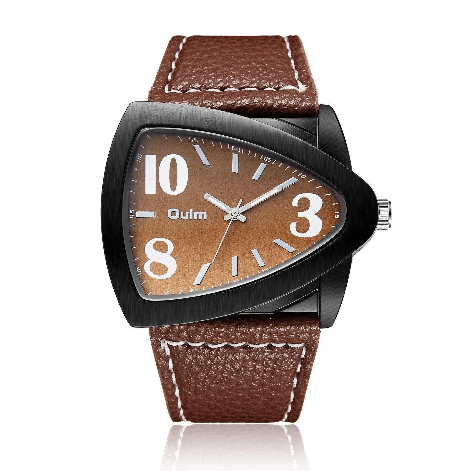 Men's brown casual quartz watch with triangle belt strap and 9mm case.