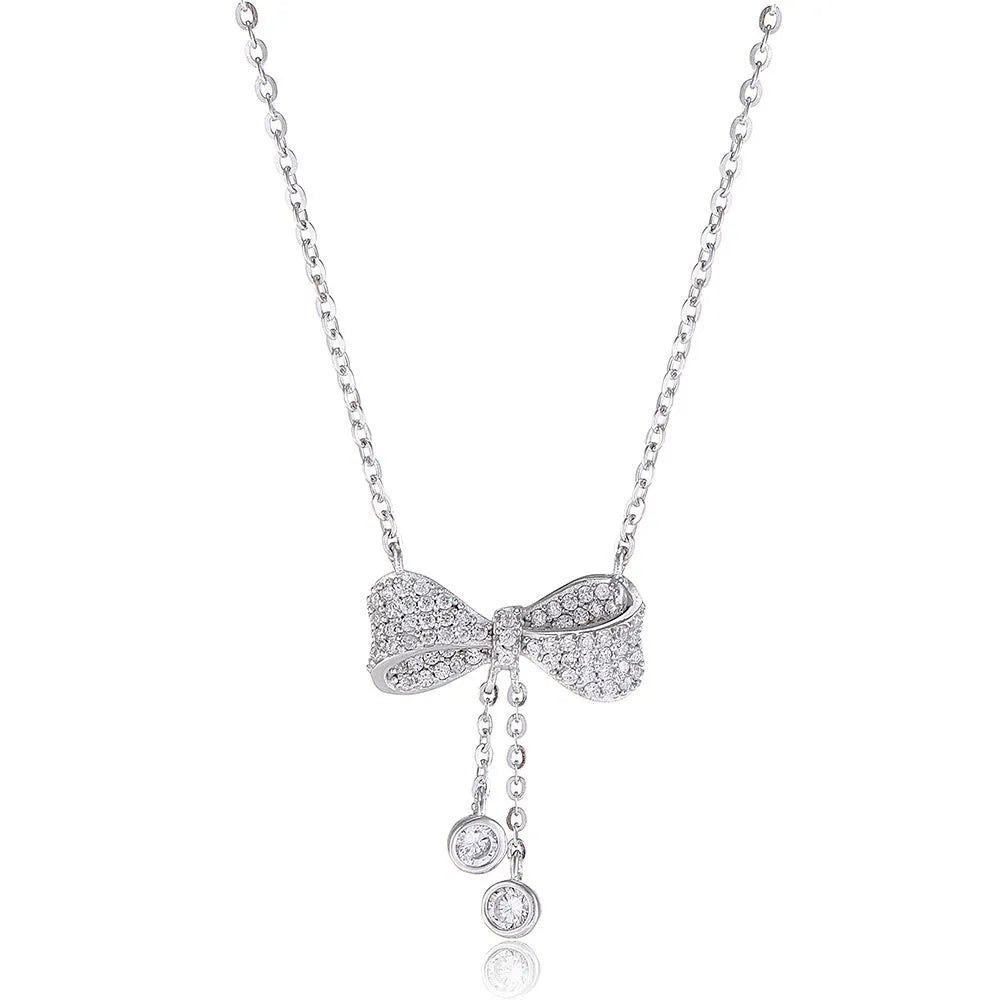 S925 sterling silver necklace with bow pendant on adjustable 40-45cm O-ring chain