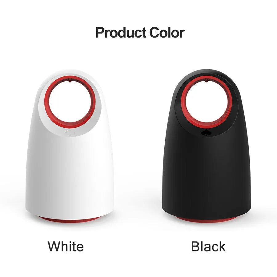 Black or white silent UV mosquito killer on a table with USB cable, dimensions 12x12x21.5cm.