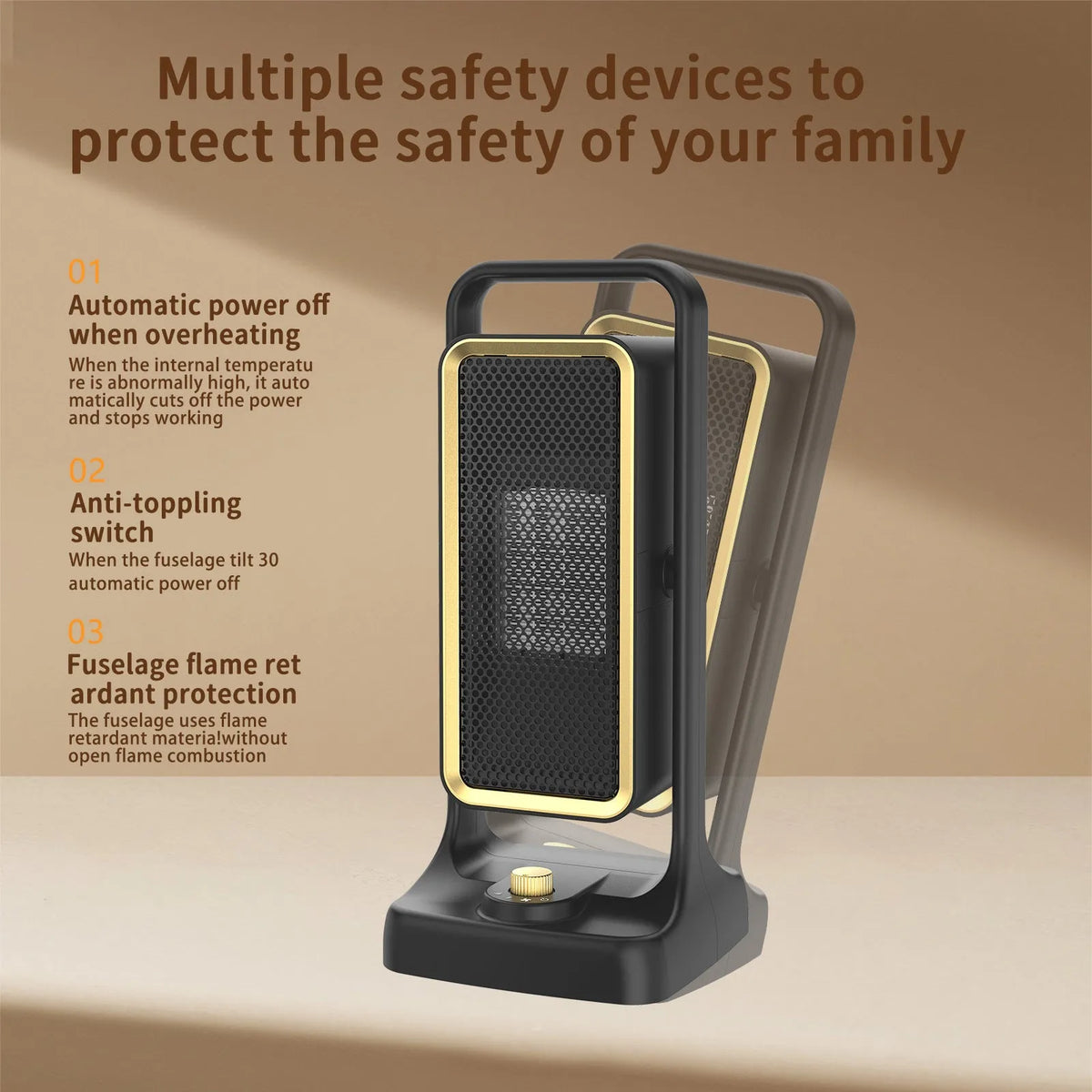 Compact black PTC ceramic desktop heater with control knob on front panel.