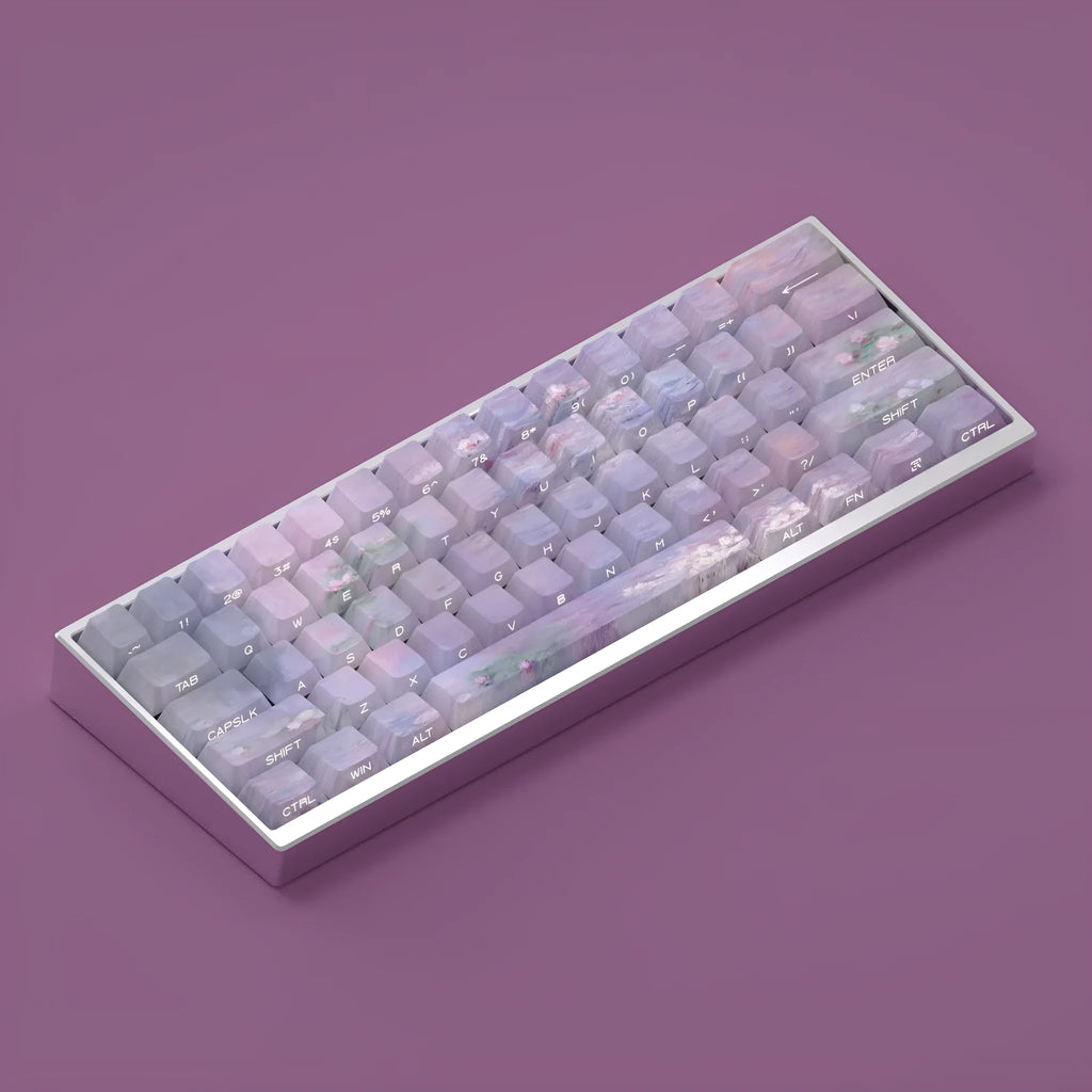 Wenshao Sleeping Lotus PBT keycap set with 130 keys showing side-carved transparent character design