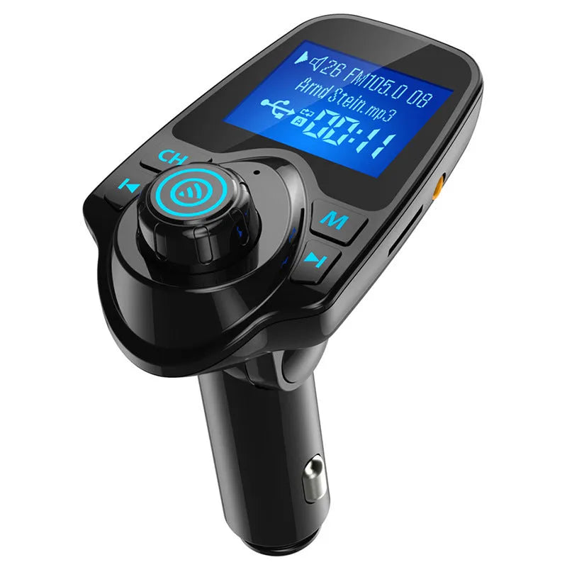Black G7 Bluetooth car FM transmitter and hands-free kit plugged into a car dashboard