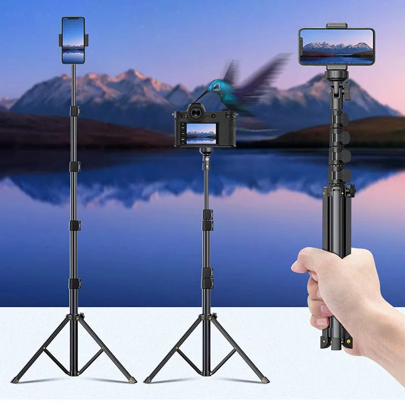 Black aluminium selfie stick tripod for iPhone photography with telescopic sections
