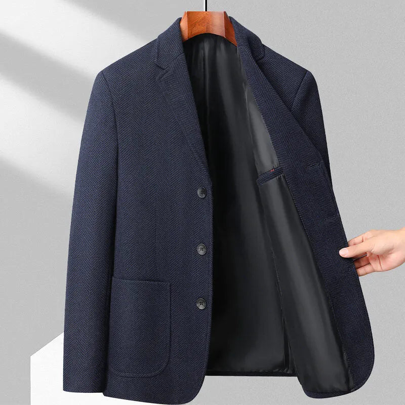 Men's loose fit solid colour woolen coat in black, shown on a model for casual autumn wear.
