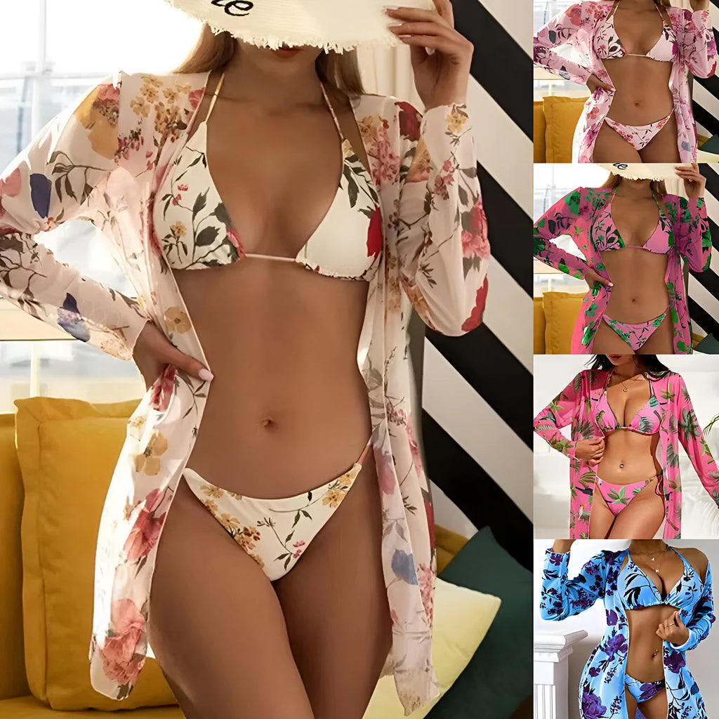 Women's floral print swimsuit three-piece set showing mesh blouse overlay with bra and swim shorts