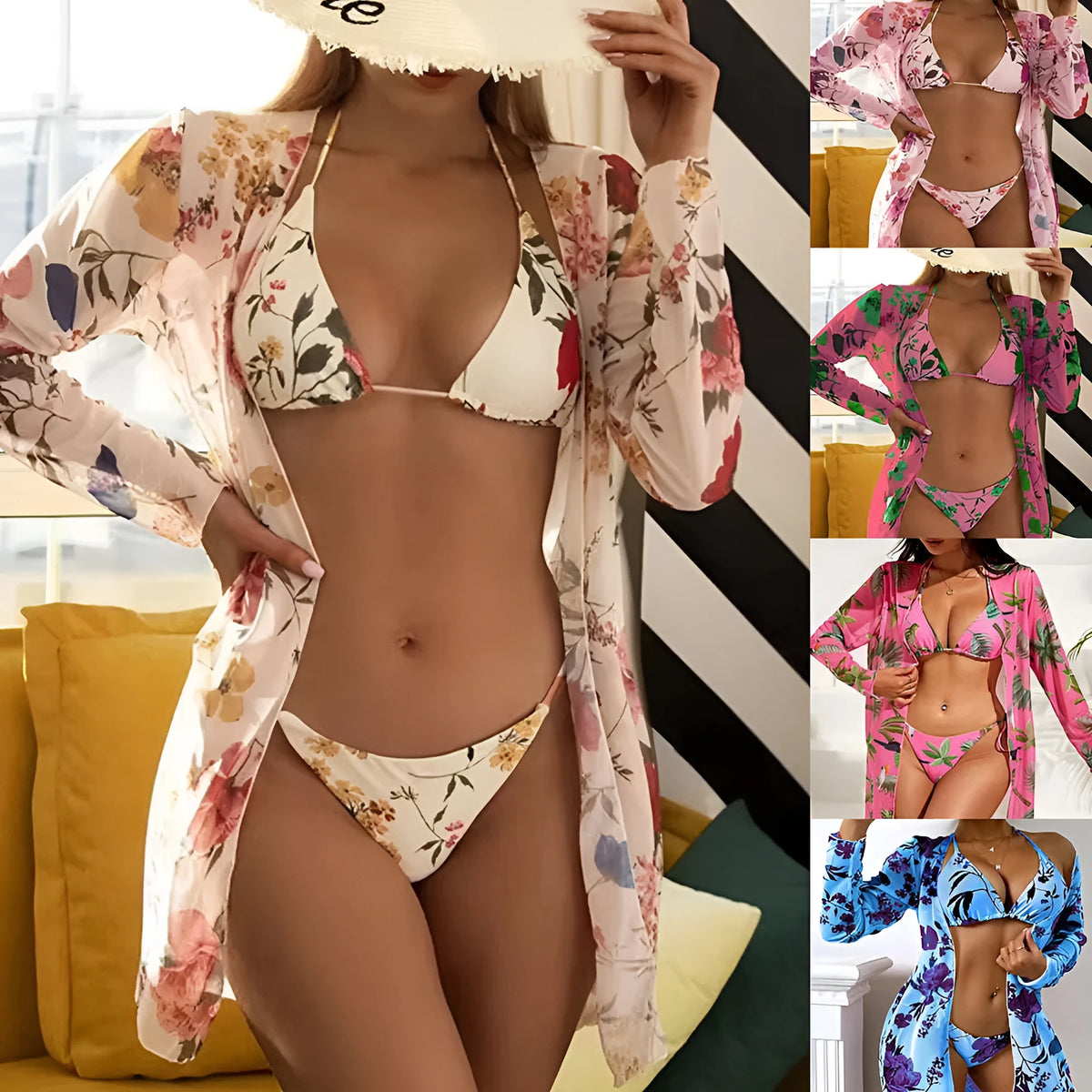 Women's floral print swimsuit three-piece set showing mesh blouse overlay with bra and swim shorts