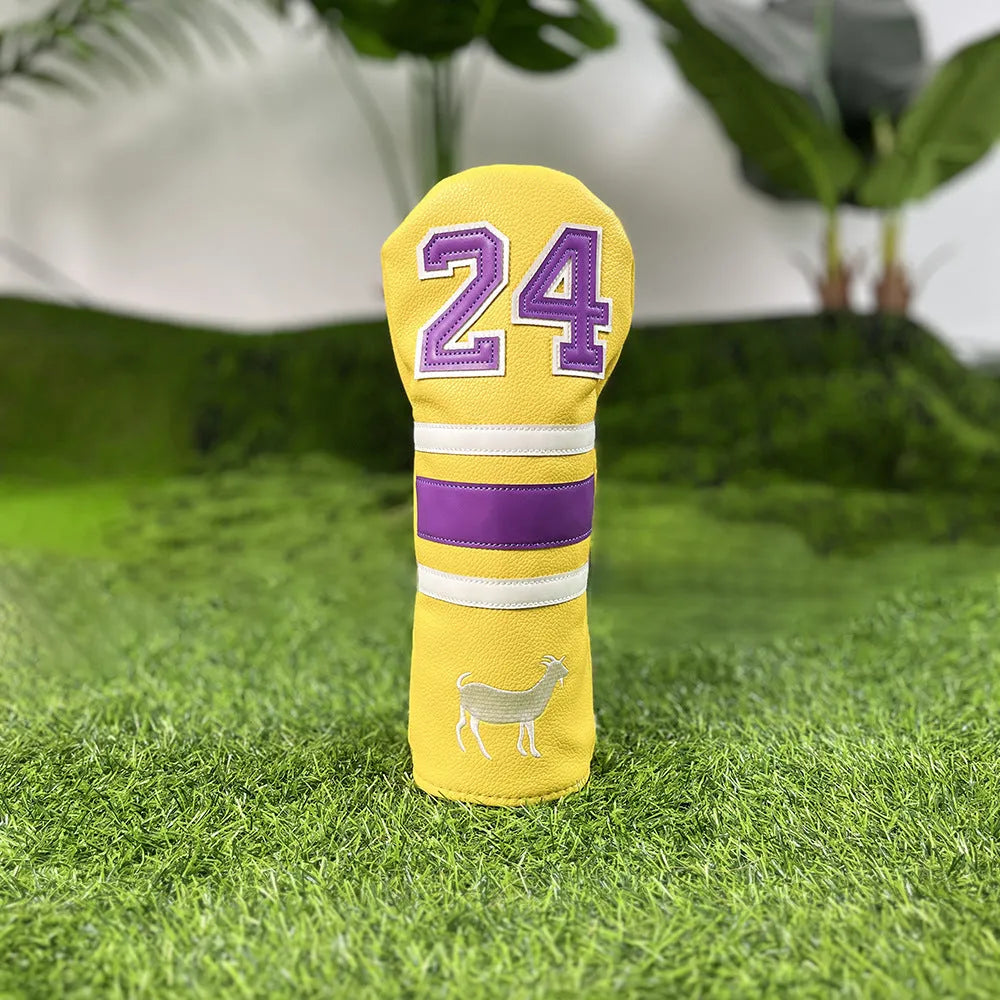 Set of four PU leather golf club covers in yellow with square putter design and wooden pole patterns