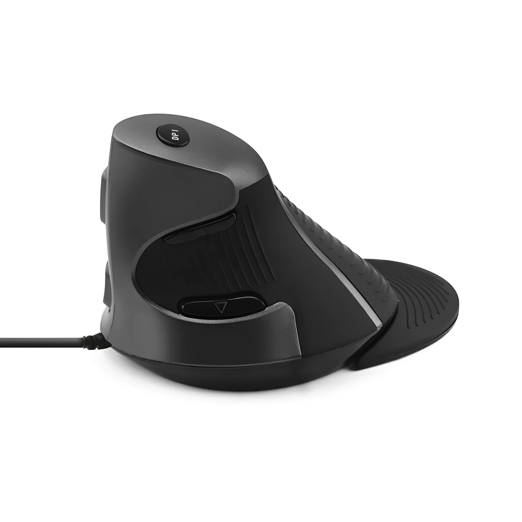 Black ergonomic vertical wired mouse for desktop computers showing natural handshake grip position