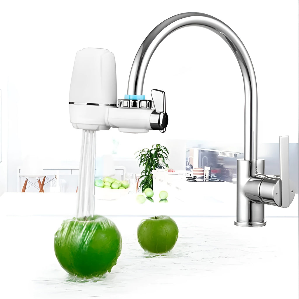 White kitchen tap water filter with switchable faucet head and universal adapter