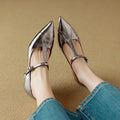 Genuine leather chunky heel high heels in gun colour with pointed toe design