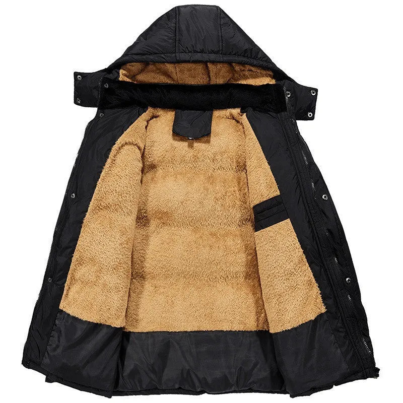 Men's black double-breasted padded winter jacket with hood and velvet lining