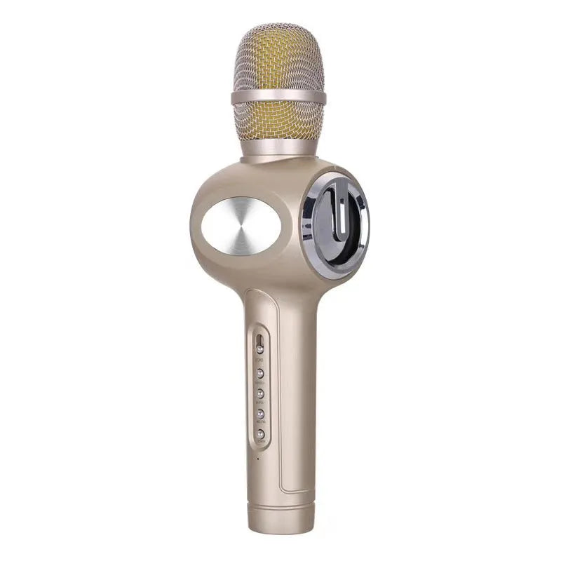 Yaerjia E108 wireless karaoke microphone with integrated speaker in black, gold, or pink colour.