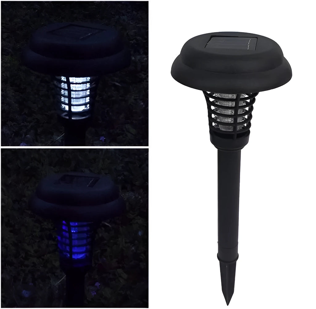Black solar insect killing lamp with white and purple lights for garden pest control