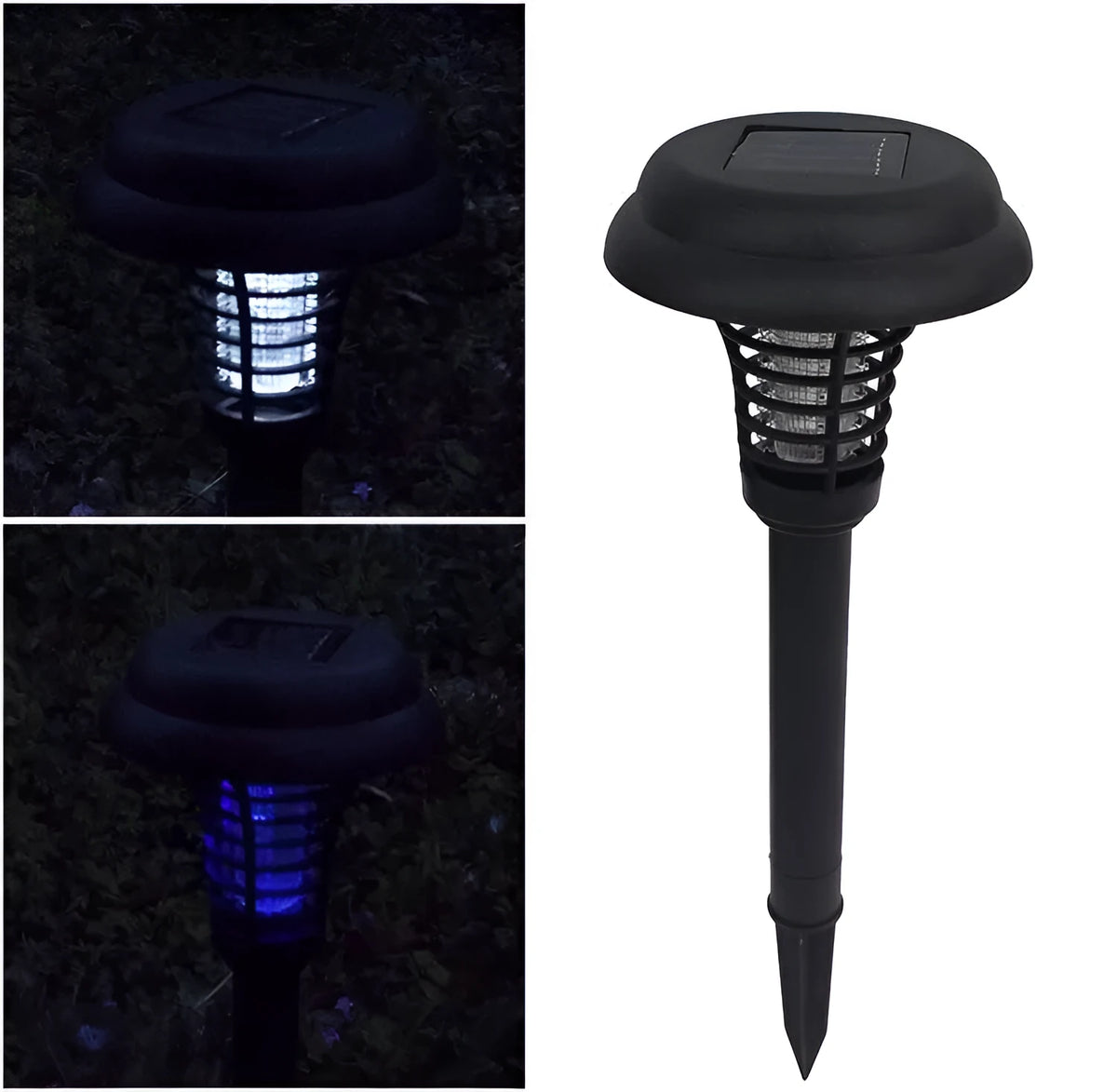 Black solar insect killing lamp with white and purple lights for garden pest control