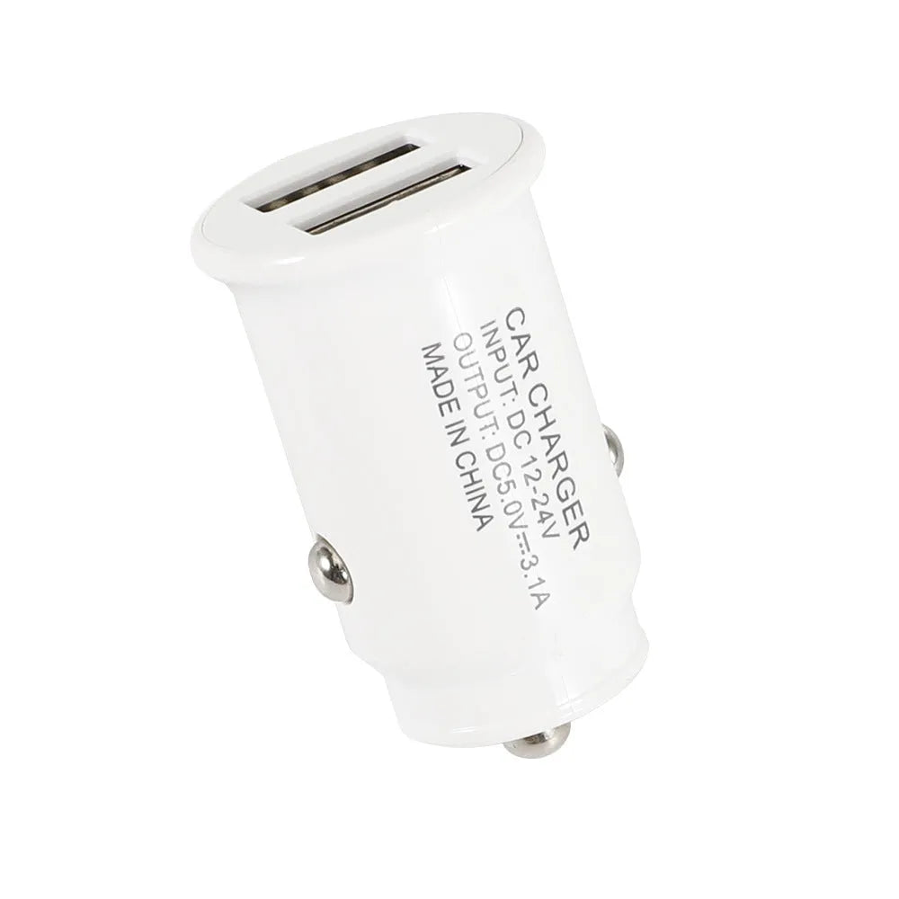 Dual USB car charger in black or white with 12-32V input and 5V 2.1A output, compact 50 x 30 x 30mm