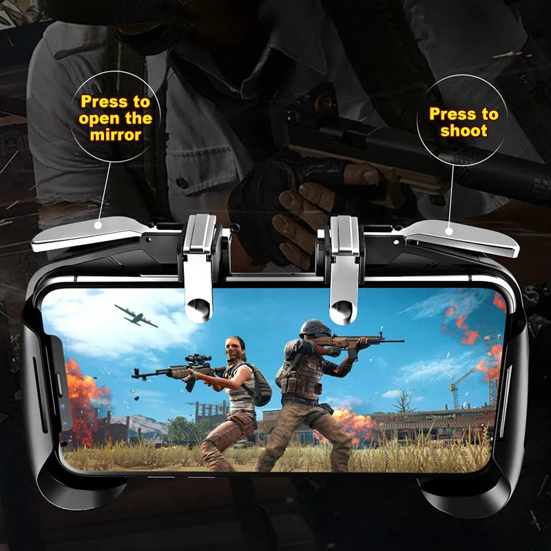Multifunctional mobile game handle with adjustable clamp holding a smartphone, showing removable thumbsticks and trigger buttons