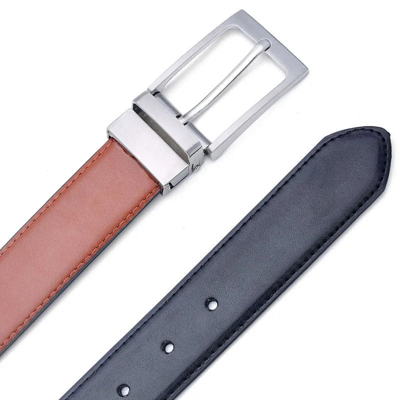 Men's brown and black genuine cowhide leather belt with a rotating alloy pin buckle