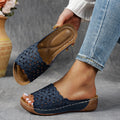 Women's floral cutout wedge beach slippers in black, blue, khaki, or light brown with PVC upper and rubber sole