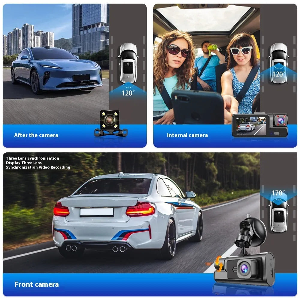 Front and rear WiFi car dash cam on windscreen with 2.0-inch screen showing reversing camera image.