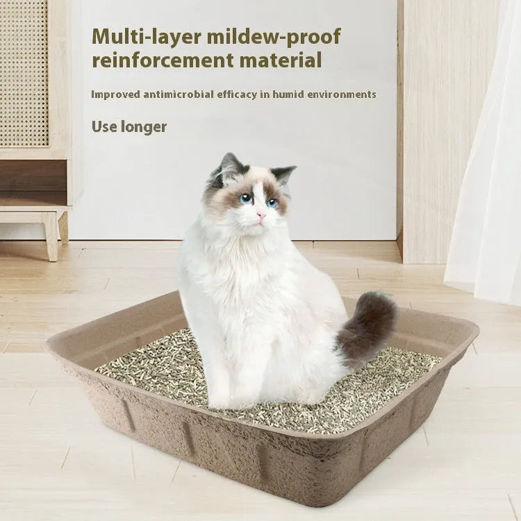 Brown disposable waterproof cat litter box showing three size options