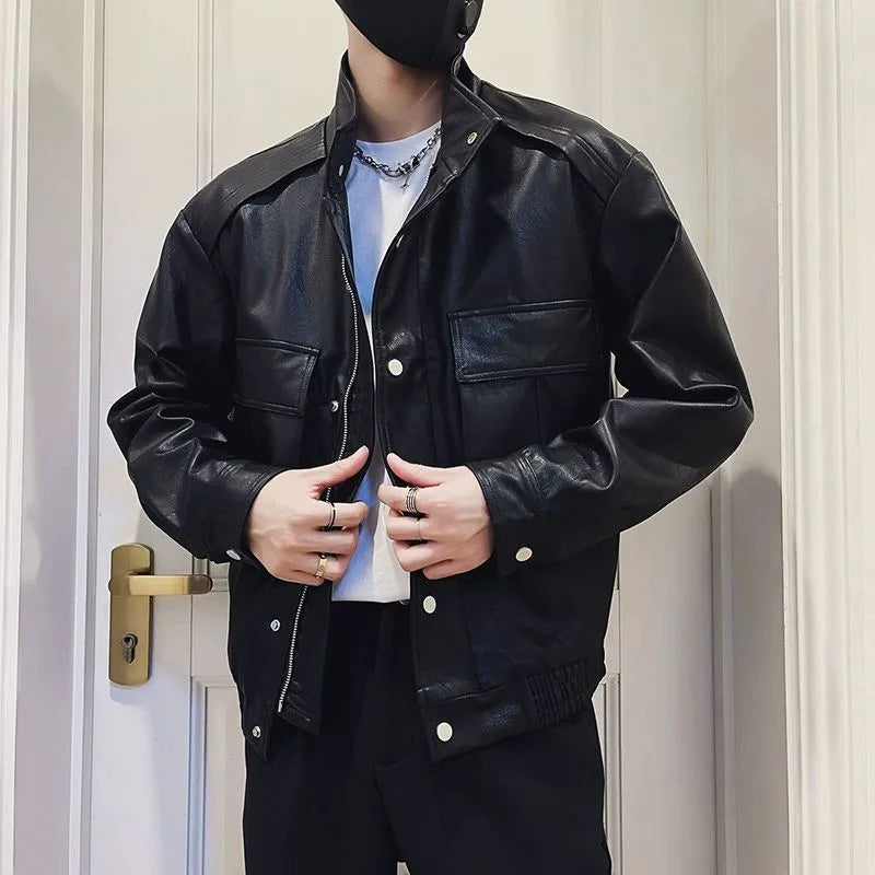 Men's black PU leather Korean-style pilot jacket with a regular fit and straight hem.