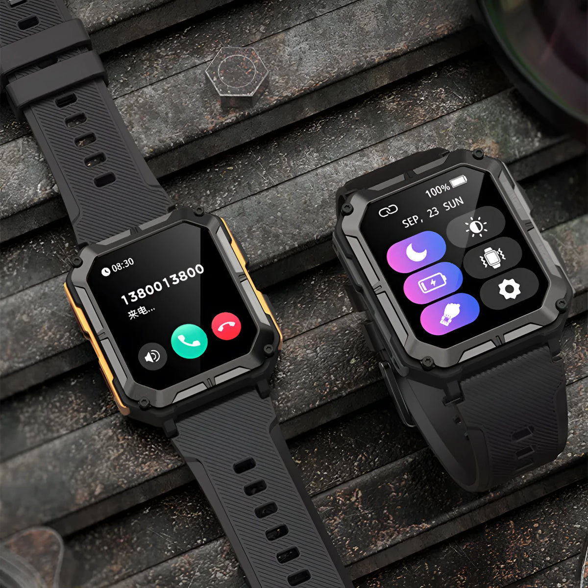 Square dial smart watch with Bluetooth call functionality and silicone wristband
