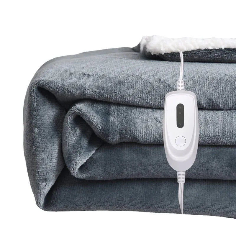 USB electric heating blanket in grey colour showing 70x100cm dimensions and flannel fabric texture