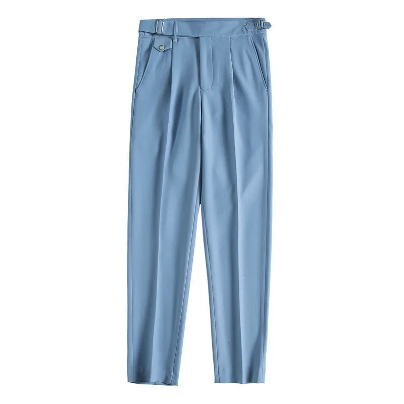 Straight leg casual trousers in polyester fabric showing multiple colour options and sizing from 29 to 36