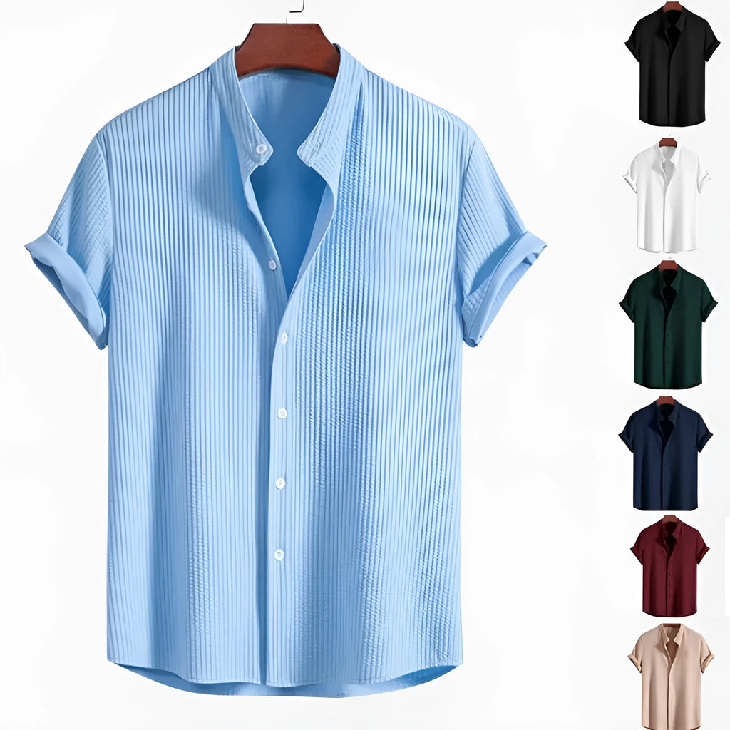 Men's loose fit short sleeve casual shirt in various colours showing summer clothing style