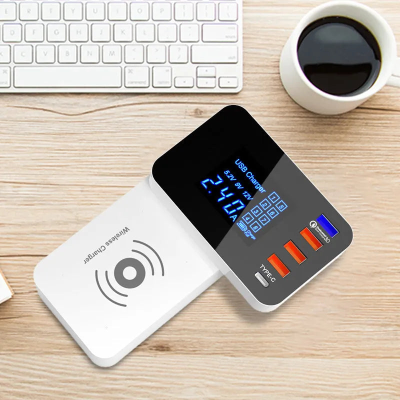 White multi USB port fast charger with wireless charging pad and international plug adapters
