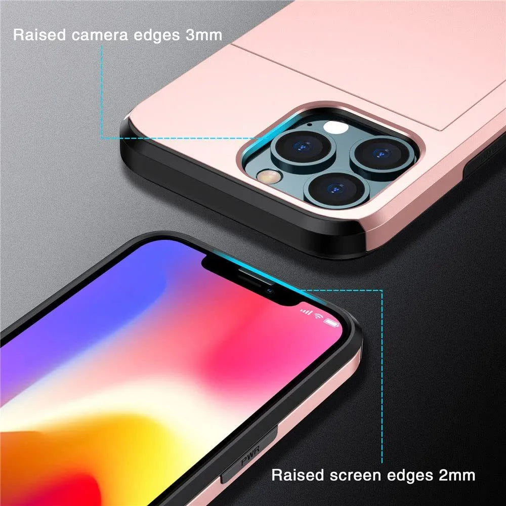 Sliding wallet phone case for iPhone 13 with card slot open showing storage space