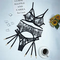 Black lace mesh three-piece set with floral print including top, pants, and waist ring