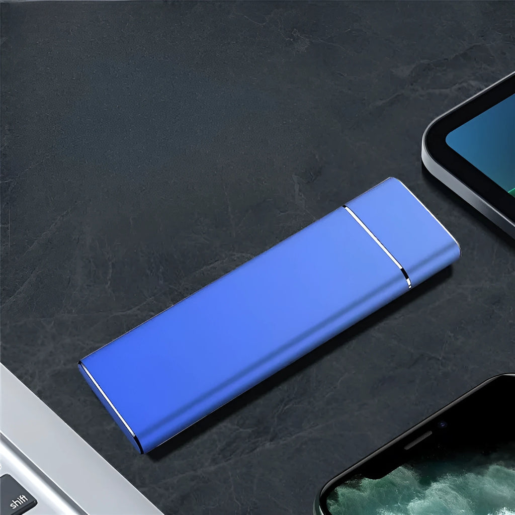 Sapphire blue portable solid state external hard disk with metal shell showing USB connection port