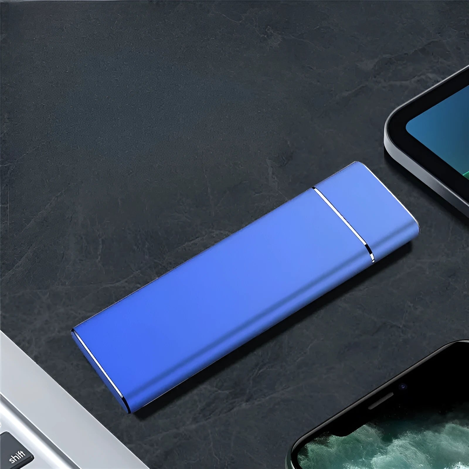Sapphire blue portable solid state external hard disk with metal shell showing USB connection port