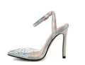 Women's pointed toe sandals with stiletto heel and diamond decoration on PVC upper