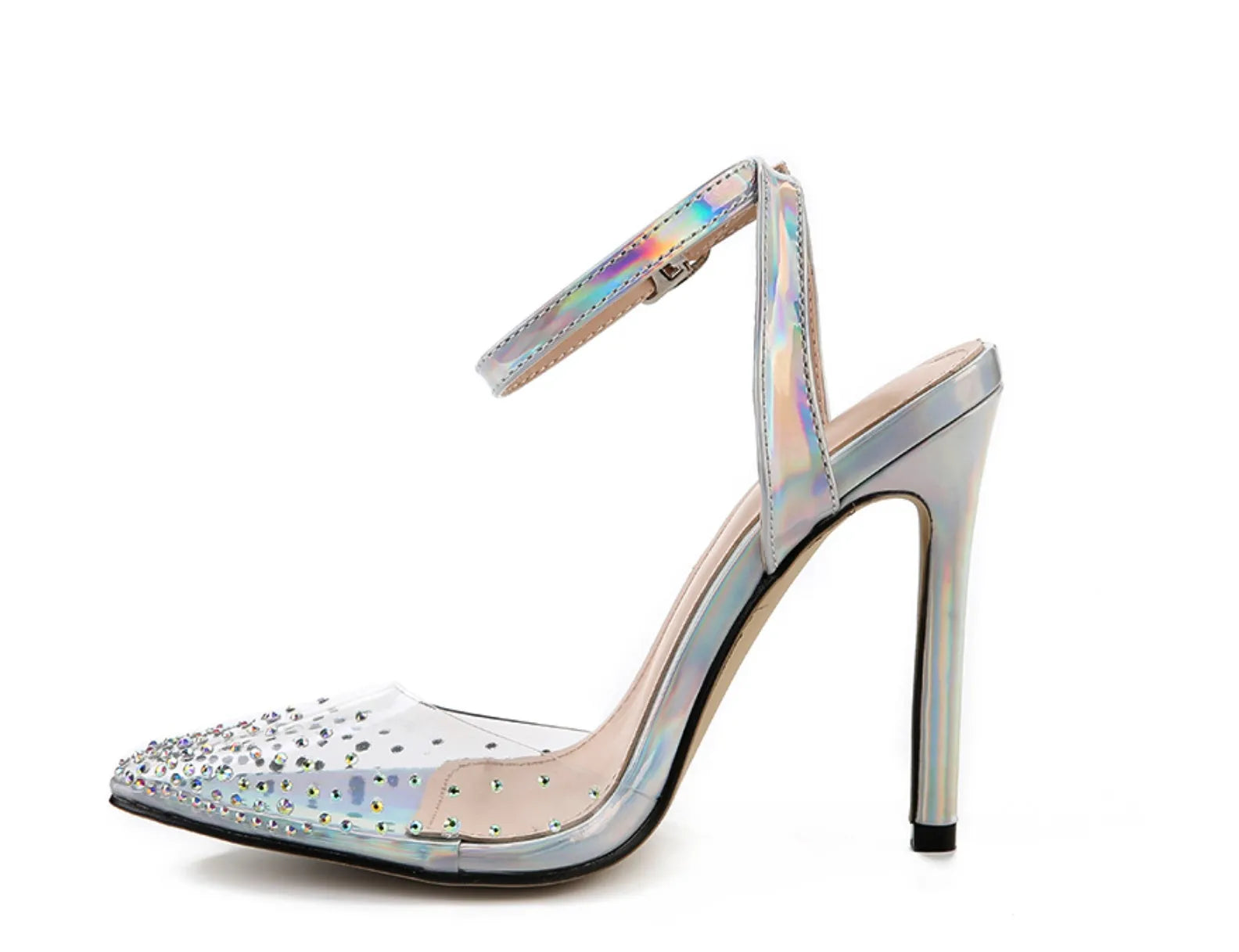 Women's pointed toe sandals with stiletto heel and diamond decoration on PVC upper