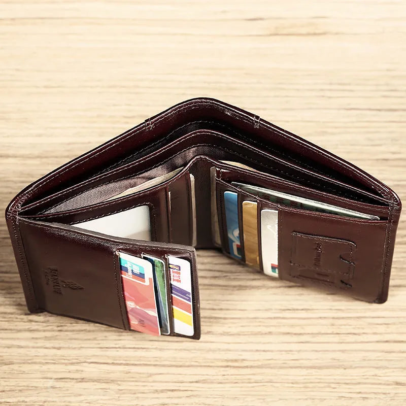 Men's leather wallet in black or brown showing internal compartments for cards, photos, banknotes, coins and documents