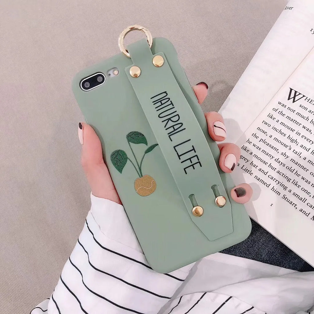 Green graffiti print phone case with a detachable wrist strap for iPhone