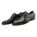 Men's black leather derby shoes with pointed toe, checkered sewing detail, and a rubber sole.