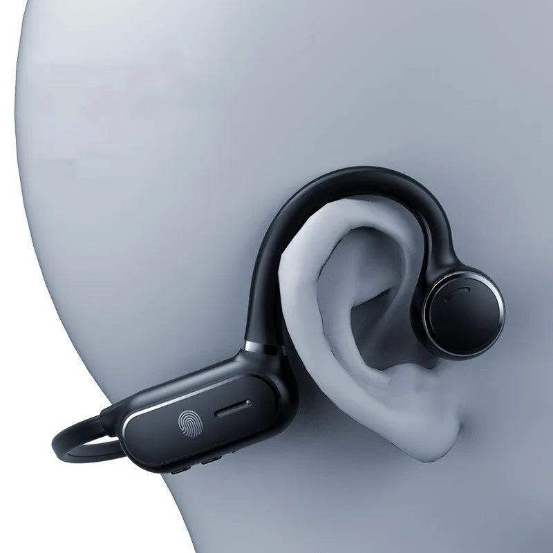 Black air conduction Bluetooth earphone with titanium frame showing open-ear design