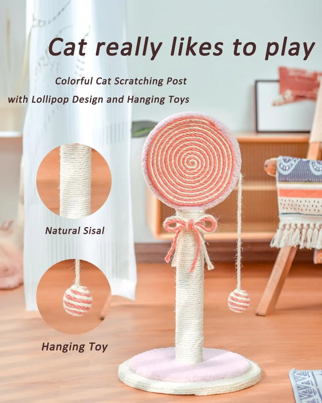 Blue cat scratching post with sisal rope and a hanging yellow ball on a sturdy wooden base.