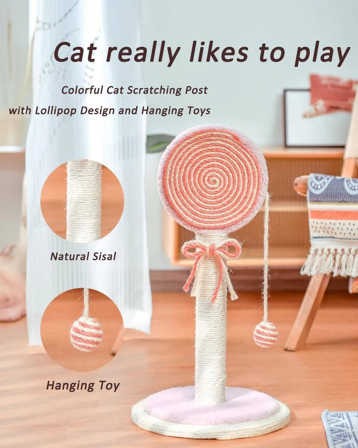 Blue cat scratching post with sisal rope and a hanging yellow ball on a sturdy wooden base.