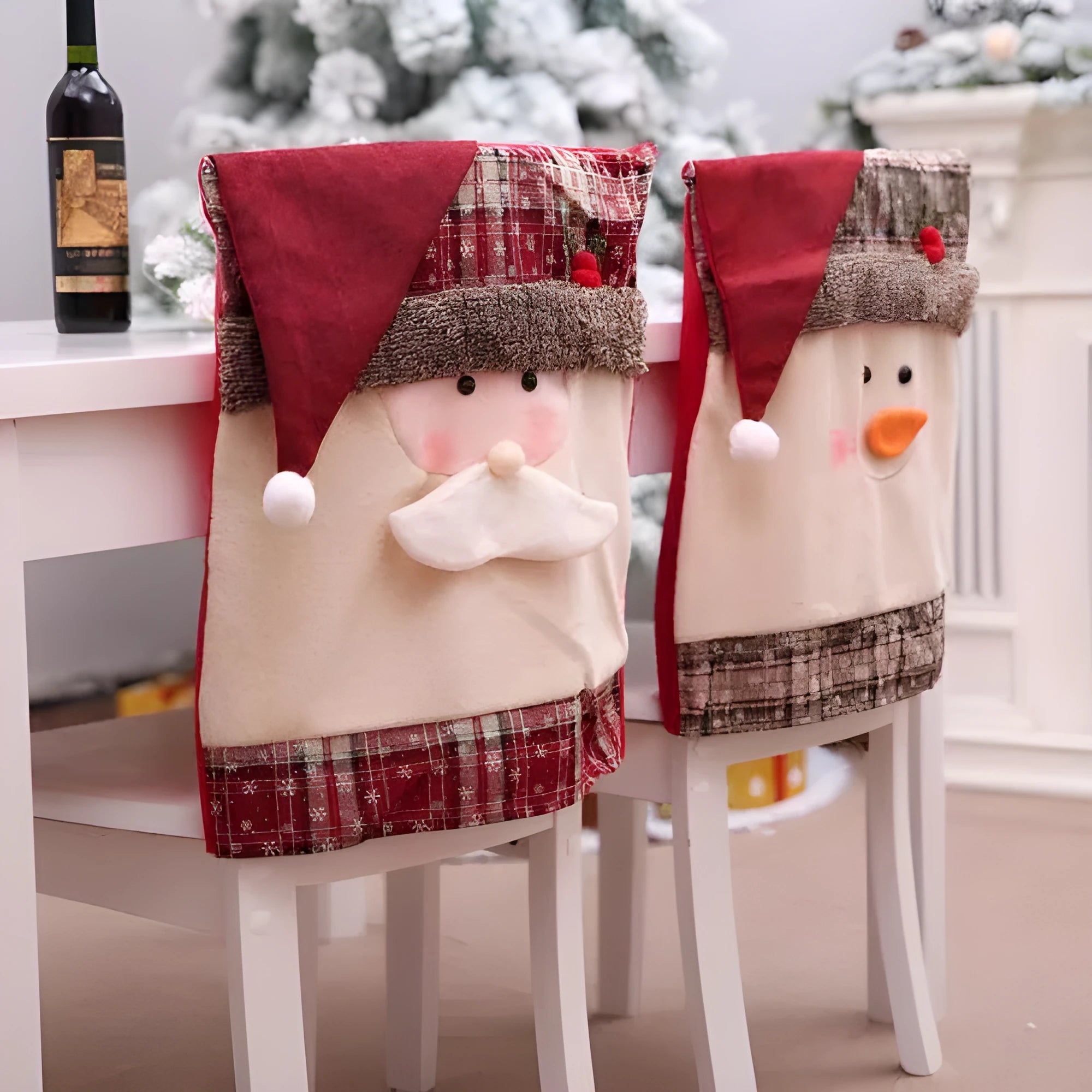 Set of red and white Christmas chair covers featuring Santa Claus, Snowman, and Santa hat designs on dining chairs.