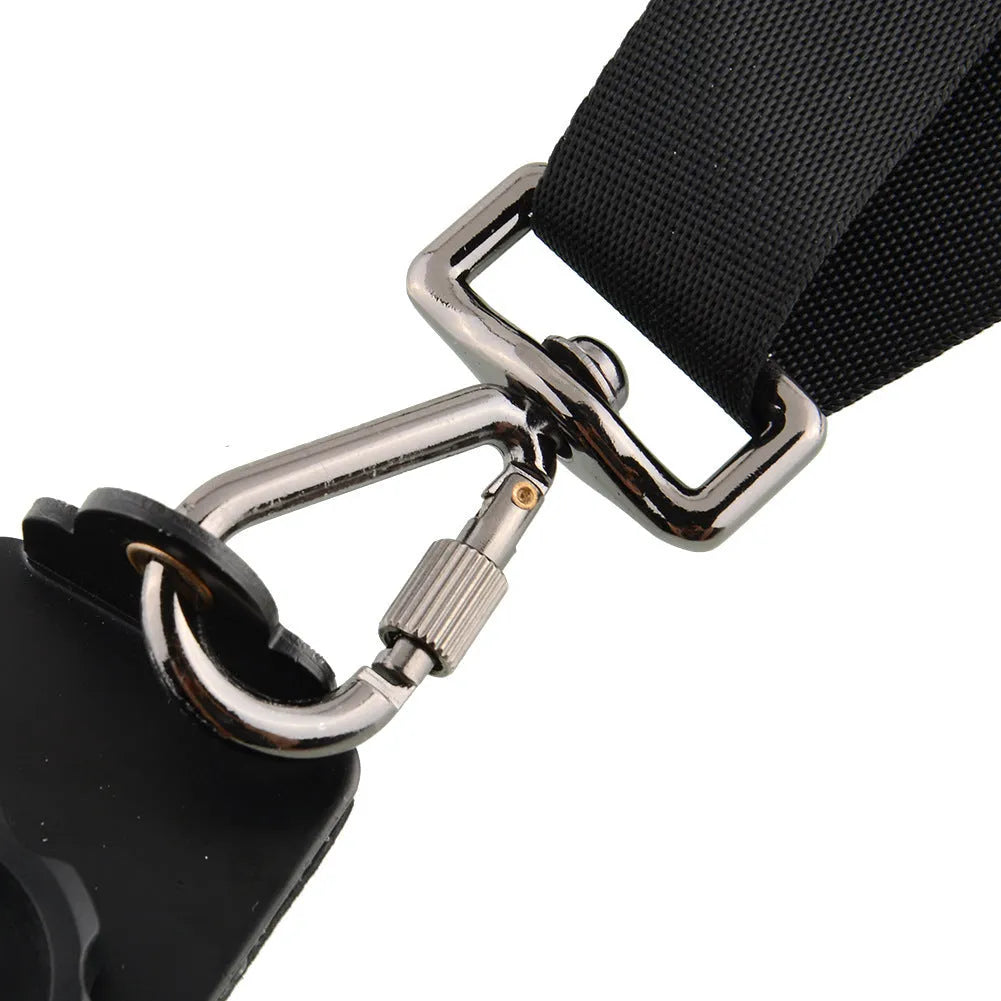 Black nylon dual SLR camera strap with thick sponge shoulder pads, shown carrying two cameras.