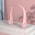Pink bladeless neck fan with USB charging port and adjustable speed controls