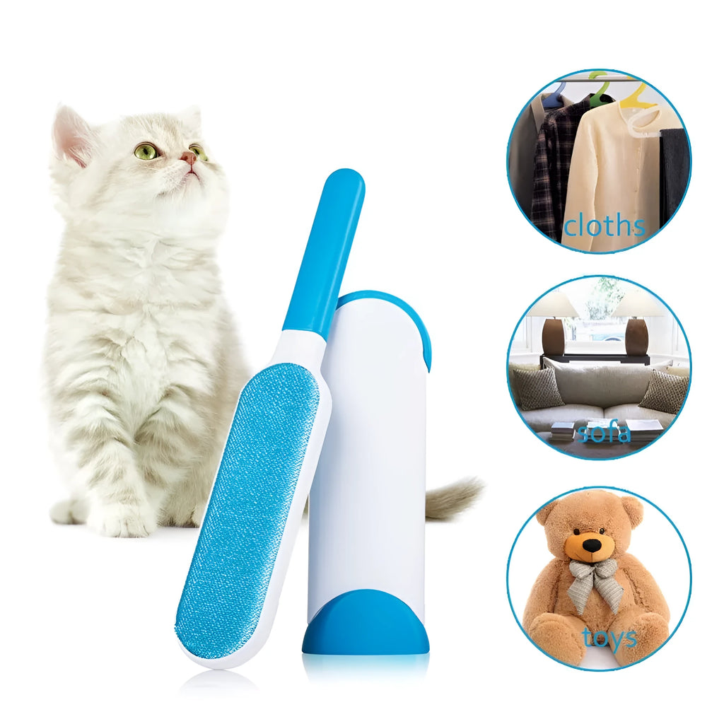 Blue reusable pet hair removal brush with double-sided sticky head placed on its self-cleaning base.