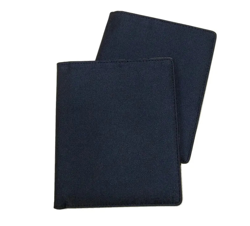 Blue PU imitation leather A5 notebook shell with linear design, shown with PP bag.