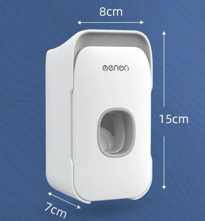 Automatic wall-mounted toothpaste dispenser in blue, grey, or pink colours with LED display