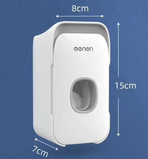 Automatic wall-mounted toothpaste dispenser in blue, grey, or pink colours with LED display